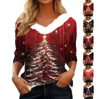 Рубашки с длинным рукавом для женщин Милые топы Рождественские принты Футболки Блузки Повседневные топы больших размеров Базовые топы Пуловеры S