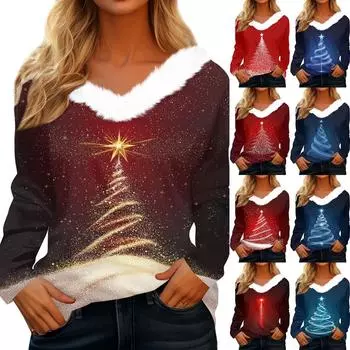Рубашки с длинным рукавом для женщин Милые топы Рождественские принты Футболки Блузки Повседневные топы больших размеров Базовые топы Пуловеры XL