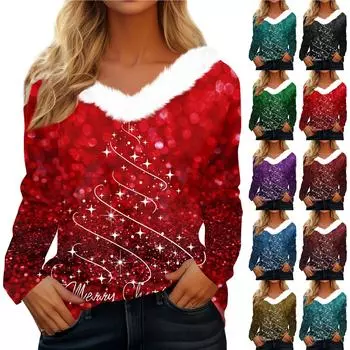 Рубашки с длинным рукавом для женщин Милые топы Рождественские принты Футболки Блузки Повседневные топы больших размеров Базовые топы Пуловеры XXXL циан