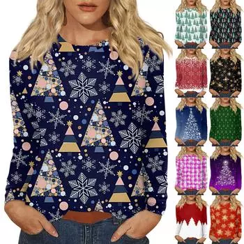 Рубашки с длинным рукавом для женщин, милые футболки с принтом на Рождество, блузки, повседневные топы больших размеров, пуловеры XXXXXL зелёный