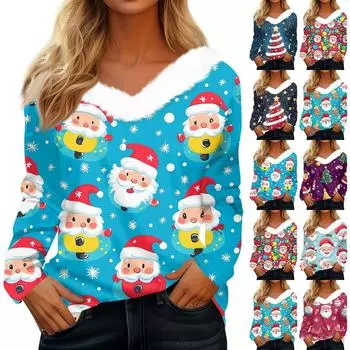 Рубашки с длинным рукавом для женщин Милые топы Рождественские принты Футболки Блузки Повседневные топы больших размеров Базовые топы Пуловеры S киноварь