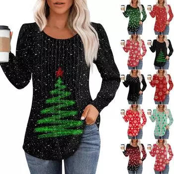 Рубашки с длинным рукавом для женщин Милые принты Графические футболки Блузки Нарядные повседневные блузки Плиссированные туники с круглым вырезом Топы Рождество XXL красный