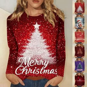 Рубашки с длинным рукавом для женщин Милые принты Футболки Блузки Повседневные Большие размеры Базовые топы Пуловеры Рождественские L зелёный