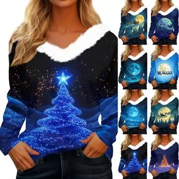 Рубашки с длинным рукавом для женщин Милые топы Рождественские принты Футболки Блузки Повседневные топы больших размеров Базовые топы Пуловеры XL