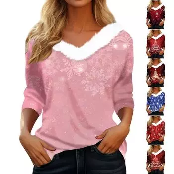 Рубашки с длинным рукавом для женщин Милые топы Рождественские принты Футболки Блузки Повседневные топы больших размеров Базовые топы Пуловеры L синий