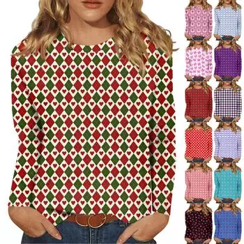 Рубашки с длинным рукавом для женщин Милые принты Футболки Блузки Повседневные Большие размеры Базовые топы Пуловеры День святого Валентина XXXXXL