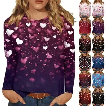 Рубашки с длинным рукавом для женщин Милые принты Футболки Блузки Повседневные Большие размеры Базовые топы Пуловеры День святого Валентина S чёрный