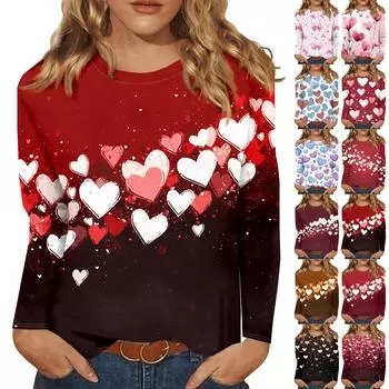Рубашки с длинным рукавом для женщин Милые принты Футболки Блузки Повседневные Большие размеры Базовые топы Пуловеры День святого Валентина XXXXXL чёрный