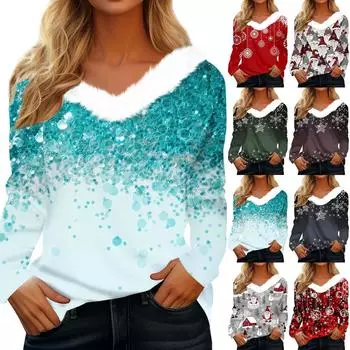 Рубашки с длинным рукавом для женщин Милые топы Рождественские принты Футболки Блузки Повседневные топы больших размеров Базовые топы Пуловеры XL киноварь