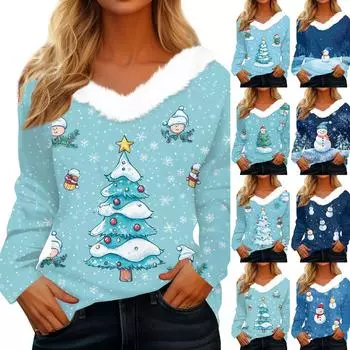 Рубашки с длинным рукавом для женщин Милые топы Рождественские принты Футболки Блузки Повседневные топы больших размеров Базовые топы Пуловеры XXXL