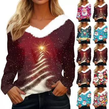 Рубашки с длинным рукавом для женщин Милые топы Рождественские принты Футболки Блузки Повседневные топы больших размеров Базовые топы Пуловеры L красный