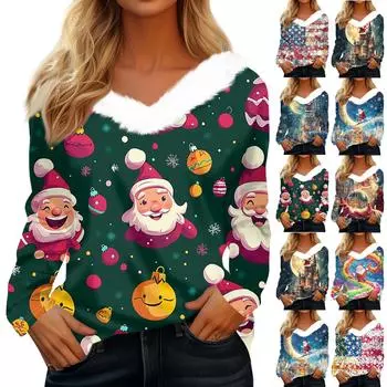 Рубашки с длинным рукавом для женщин Милые топы Рождественские принты Футболки Блузки Повседневные топы больших размеров Базовые топы Пуловеры M синий