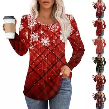 Рубашки с длинным рукавом для женщин Милые принты Графические футболки Блузки Нарядные повседневные блузки Плиссированные туники с круглым вырезом Топы Рождество L красный