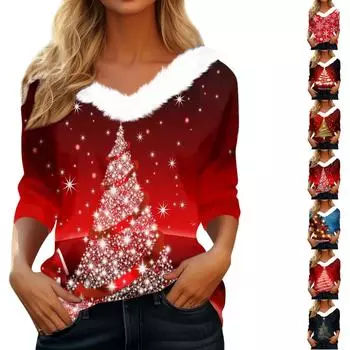 Рубашки с длинным рукавом для женщин Милые топы Рождественские принты Футболки Блузки Повседневные топы больших размеров Базовые топы Пуловеры XXL чёрный