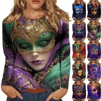 Рубашки с длинным рукавом для женщин Милые принты Графические футболки Блузки Нарядные повседневные блузки Плиссированные туники с круглым вырезом Топы Рождество L чёрный