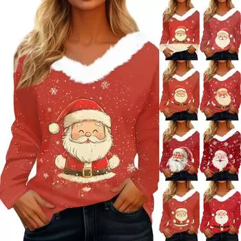 Рубашки с длинным рукавом для женщин Милые топы Рождественские принты Футболки Блузки Повседневные топы больших размеров Базовые топы Пуловеры M