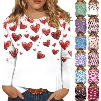Рубашки с длинным рукавом для женщин Милые принты Футболки Блузки Повседневные Большие размеры Базовые топы Пуловеры День святого Валентина XXXXXL чёрный