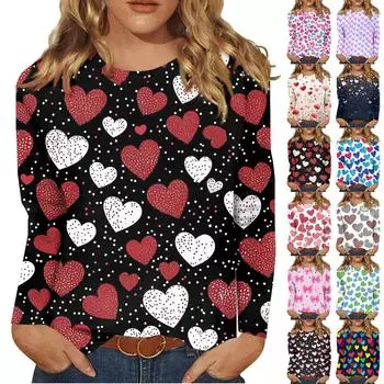 Рубашки с длинным рукавом для женщин Милые принты Футболки Блузки Повседневные Большие размеры Базовые топы Пуловеры День святого Валентина XXXL