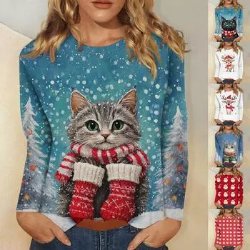 Рубашки с длинным рукавом для женщин Милые принты Футболки Блузки Повседневные Большие размеры Базовые топы Пуловеры Рождественские L