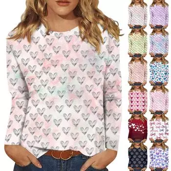 Рубашки с длинным рукавом для женщин Милые принты Футболки Блузки Повседневные Большие размеры Базовые топы Пуловеры День святого Валентина XXXXL