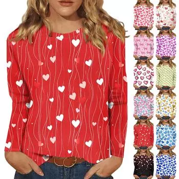 Рубашки с длинным рукавом для женщин Милые принты Футболки Блузки Повседневные Большие размеры Базовые топы Пуловеры День святого Валентина XXXXL красный