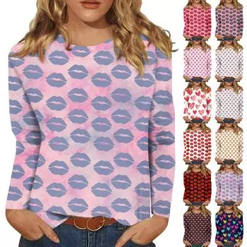 Рубашки с длинным рукавом для женщин Милые принты Футболки Блузки Повседневные Большие размеры Базовые топы Пуловеры День святого Валентина L чёрный