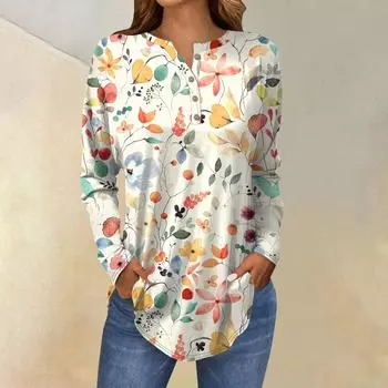 Рубашки с длинным рукавом для женщин, модные повседневные футболки с круглым вырезом и принтом L бежевый