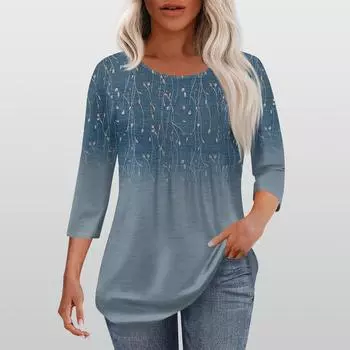 Рубашки с длинным рукавом для женщин, модные повседневные футболки с круглым вырезом и принтом L синий