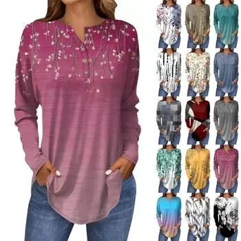 Рубашки с длинным рукавом для женщин, модные повседневные футболки с круглым вырезом и принтом L бежевый
