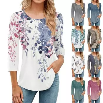 Рубашки с длинным рукавом для женщин, модные повседневные футболки с круглым вырезом и принтом S зелёный