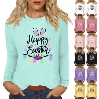 Рубашки с длинным рукавом для женщин Пасхальный карнавал Графический принт Футболки Блузки Повседневные базовые топы Пуловеры L чёрный