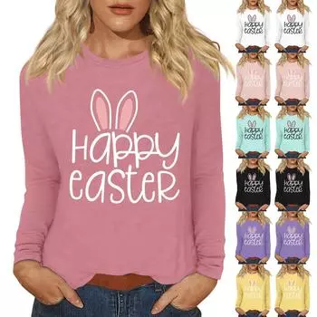 Рубашки с длинным рукавом для женщин Пасхальный карнавал Графический принт Футболки Блузки Повседневные базовые топы Пуловеры L чёрный