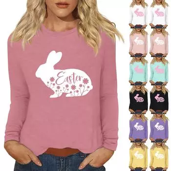 Рубашки с длинным рукавом для женщин Пасхальный карнавал Графический принт Футболки Блузки Повседневные базовые топы Пуловеры L чёрный