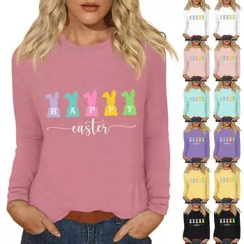 Рубашки с длинным рукавом для женщин Пасхальный карнавал Графический принт Футболки Блузки Повседневные базовые топы Пуловеры L чёрный