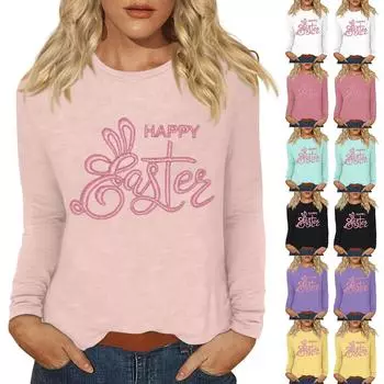 Рубашки с длинным рукавом для женщин Пасхальный карнавал Графический принт Футболки Блузки Повседневные базовые топы Пуловеры XXXXXL белый