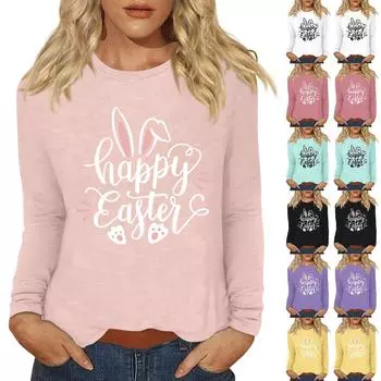 Рубашки с длинным рукавом для женщин Пасхальный карнавал Графический принт Футболки Блузки Повседневные базовые топы Пуловеры XL