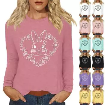 Рубашки с длинным рукавом для женщин Пасхальный карнавал Графический принт Футболки Блузки Повседневные базовые топы Пуловеры XXXXXL чёрный