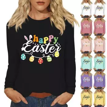 Рубашки с длинным рукавом для женщин Пасхальный карнавал Графический принт Футболки Блузки Повседневные базовые топы Пуловеры XXXXL чёрный