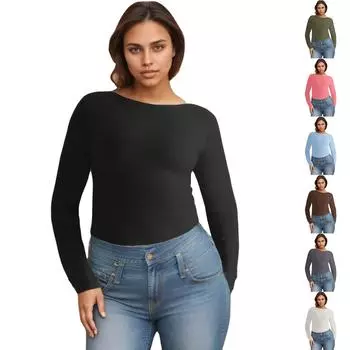 Рубашки с длинным рукавом для женщин, простые футболки с круглым вырезом, футболки, облегающие укороченные топы, топы для выхода в свет L армия зеленый