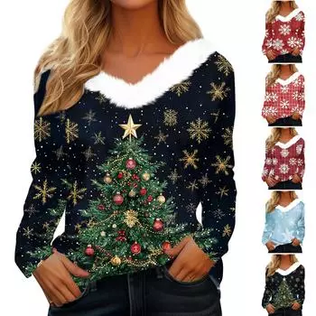 Рубашки с длинным рукавом для женщин, рождественские принты, графические футболки, блузки, повседневные, больших размеров, базовые топы на пуговицах, пуловеры M