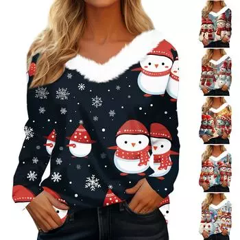 Рубашки с длинным рукавом для женщин, рождественские принты, графические футболки, блузки, повседневные, больших размеров, базовые топы на пуговицах, пуловеры L чёрный