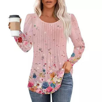 Рубашки с длинным рукавом для женщин, топы, нарядные повседневные блузки, плиссированные топы-туники с круглым вырезом XXL розовый