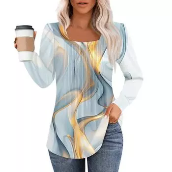 Рубашки с длинным рукавом для женщин, топы, нарядные повседневные блузки, плиссированные туники с квадратным вырезом XL