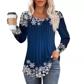Рубашки с длинным рукавом для женщин, топы, нарядные повседневные блузки с рождественским принтом, плиссированные туники с круглым вырезом M