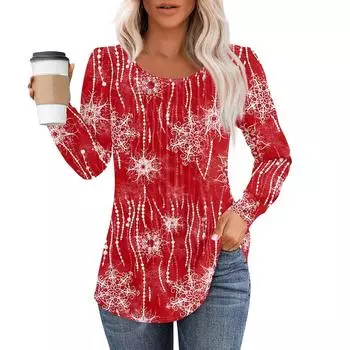 Рубашки с длинным рукавом для женщин, топы, нарядные повседневные блузки с рождественским принтом, плиссированные туники с круглым вырезом M
