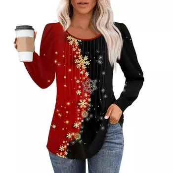 Рубашки с длинным рукавом для женщин, топы, нарядные повседневные блузки с рождественским принтом, плиссированные туники с круглым вырезом L