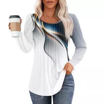 Рубашки с длинным рукавом для женщин, топы, нарядные повседневные блузки, плиссированные топы-туники с круглым вырезом L