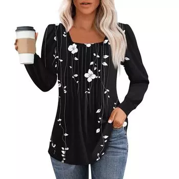 Рубашки с длинным рукавом для женщин, топы, нарядные повседневные блузки, плиссированные туники с квадратным вырезом L чёрный