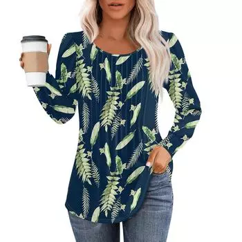 Рубашки с длинным рукавом для женщин, топы, нарядные повседневные блузки, плиссированные топы-туники с круглым вырезом S