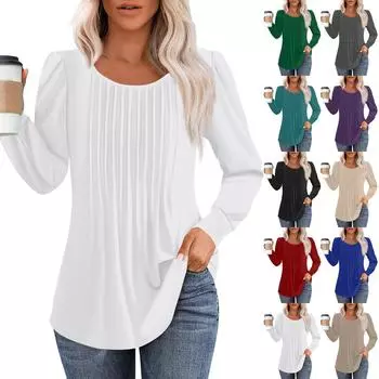 Рубашки с длинным рукавом для женщин, топы, нарядные повседневные блузки, плиссированные топы-туники с круглым вырезом S синий